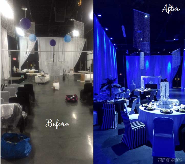 Before and After Uplighting Wedding Reception Transformation | Rent online for $19/each + free shipping both ways nationwide at www.RentMyWedding.com/Rent-Uplighting