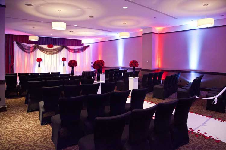 Red and blue uplighting for wedding ceremony | Rent online for $19/each + free shipping both ways nationwide at www.RentMyWedding.com/Rent-Uplighting