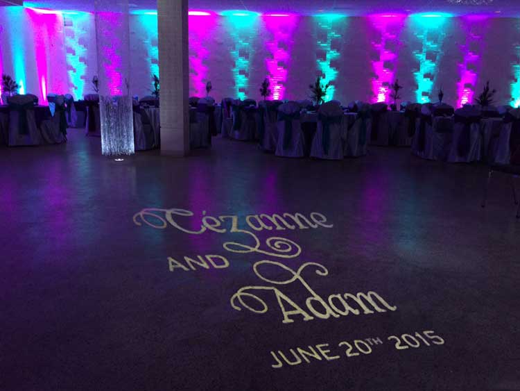 Teal and Fuschia Uplighting for Banquet Hall | Rent online for $19/each + free shipping both ways nationwide at www.RentMyWedding.com/Rent-Uplighting