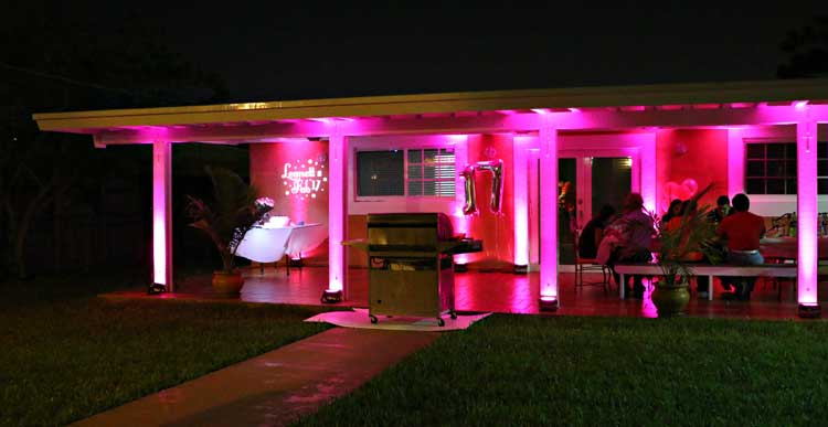 Pink uplighting for outdoor party | Rent online for $19/each + free shipping both ways nationwide at www.RentMyWedding.com/Rent-Uplighting
