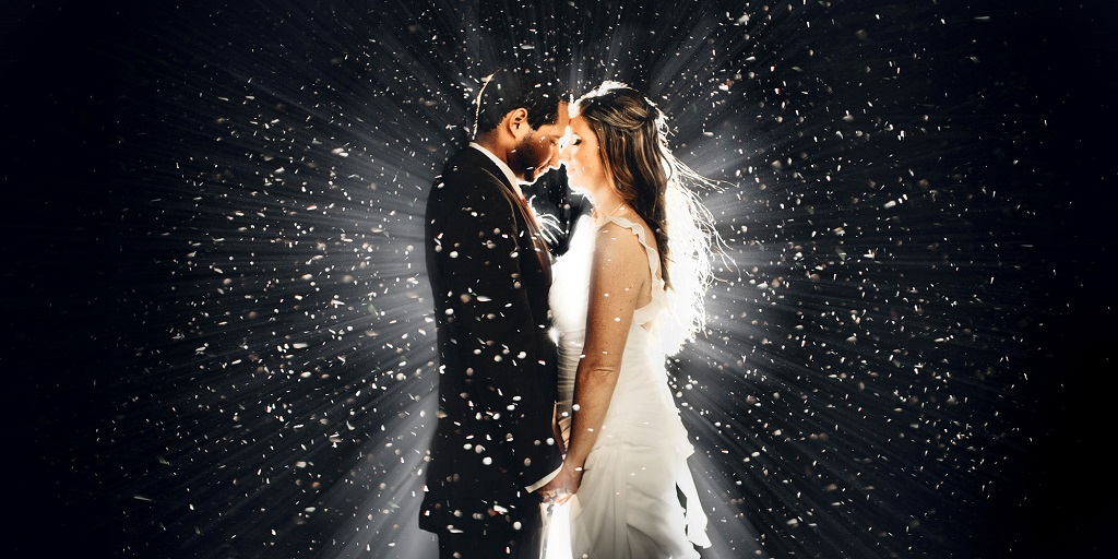 Magical confetti shot of couple at wedding