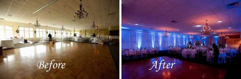 Before and After Uplighting, wedding lighting, uplighting, before and after up lights
