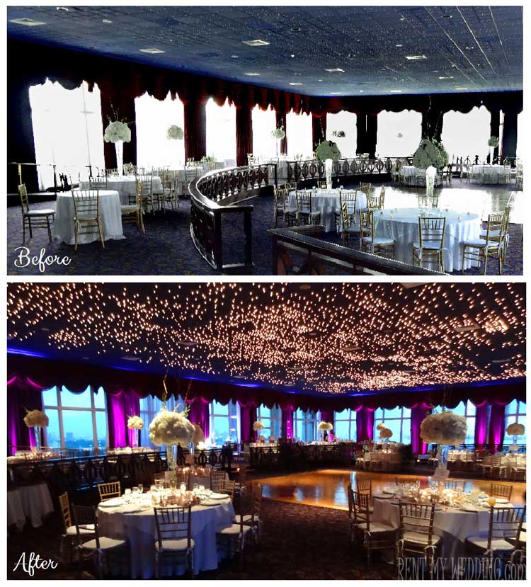 Before and After Uplighting: Daytime Event with Windows | Rent online for $19/each + free shipping both ways nationwide at www.RentMyWedding.com/Rent-Uplighting