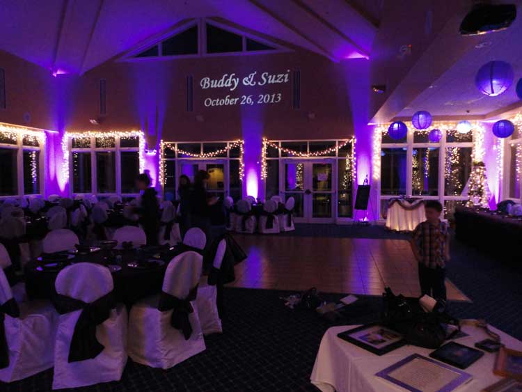 Purple Uplighting in a Banquet Hall | Rent online for $19/each + free shipping both ways nationwide at www.RentMyWedding.com/Rent-Uplighting